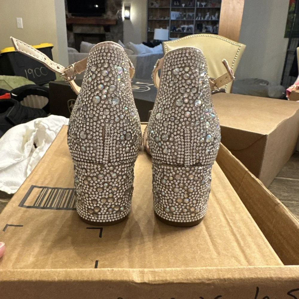 Embellished Block Heel Sandal in Blush with Silver Crystals